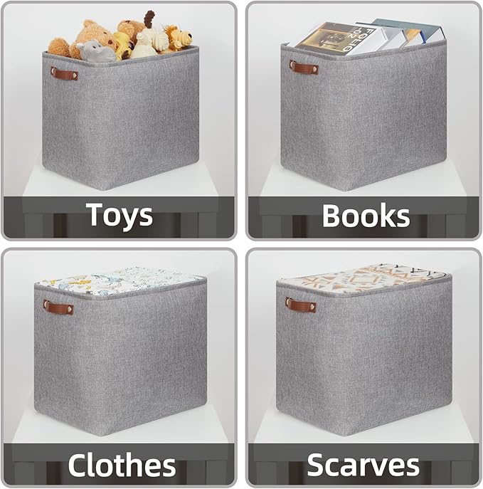HNZIGE Tall Storage Baskets for Shelves, Rectangular Fabric Organizer with Handles, Decorative Closet Storage Bins (Grey)