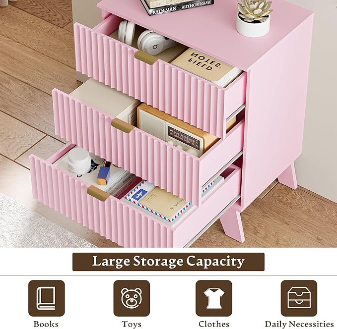 Fluted 3 Drawer Dresser for Bedroom, Mid Century Modern Night Stand with Metal Handle, Wooden Beside Table with 3 Drawers End Table for Living Room, Closet, Entryway, Pink