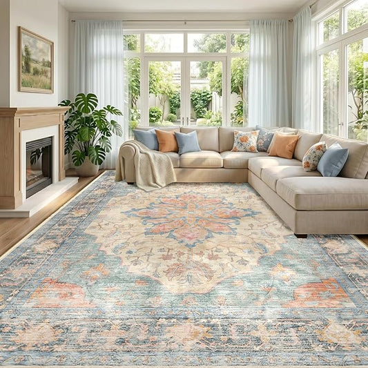 RELEANY Area Rugs Large 9'x12' Washable Non-Slip, Floral Vintage Distress Medallion Carpet for Living Room Bedroom Dining Room, Blue Orange Red