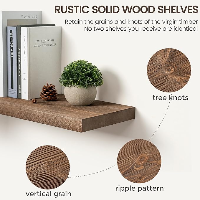 Marsmiles Floating Shelves | 24 Inch Dark Wood Wall Shelves Set of 2 | 9.3 Inch Deep Rustic Reclaimed Wood Shelves for Room Wall | Farmhouse Floating Shelves for Living Room Bathroom