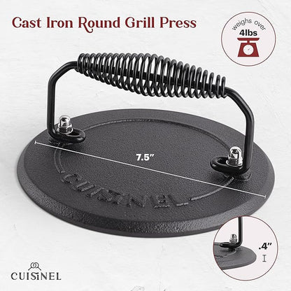 Cuisinel Cast Iron Skillet + Grill Press + Scraper Set - 10"-inch Pre-Seasoned Frying Pan + Silicone Handle Grip - 7" Round Burger Smasher - Indoor/Outdoor, Grill, Kitchen Cookware. PFAS and PFOA-free