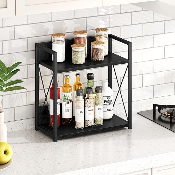 Giikin Kitchen Countertop Organizer, 2 Tier Coffee Bar Organizer, Black Spice Rack for Counter, Kitchen Counter Shelves, Particleboard, Large Size (15.8" L x 7.9" W x 15.8" H), Black