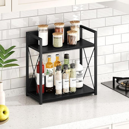 Giikin Kitchen Countertop Organizer, 2 Tier Coffee Bar Organizer, Black Spice Rack for Counter, Kitchen Counter Shelves, Particleboard, Large Size (15.8" L x 7.9" W x 15.8" H), Black