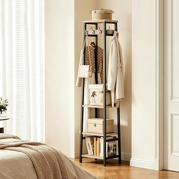 Coat Rack Freestanding, Coat Stand with 3 Shelves and 7 Hooks, Hall Tree Free Standing, Clothes Rack Stand Organizer, Industrial Style, Greige and Black