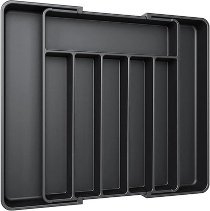 Aujen Silverware Organizer - Expandable Kitchen Drawer Organizer, Adjustable Utensil Organizer, Cutlery Tray for Forks, Knives, Multipurpose Kitchen Organizers and Storage Solution, Black, Large
