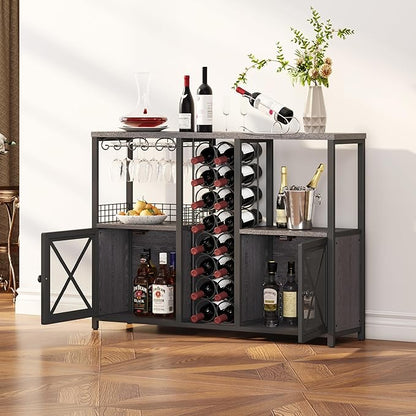 Homeiju Mini Bars for Home, Wooden Coffee Bar Cabinet, Modern Liquor Cabinet for Liquor and Glasses, Farmhouse Buffet Wine Bar Cabinet with Storage Sideboard for Home Kitchen Dining Room (Deep Grey)