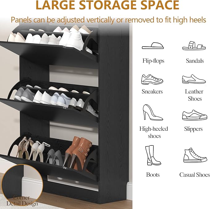 Shoe Cabinet with 3 Flip Drawers, 47" Slim Hidden Wood Shoe Storage Cabinet with Adjustable Shelf, Freestanding Narrow Shoe Rack Organizer for Entryway, Hallway, Black