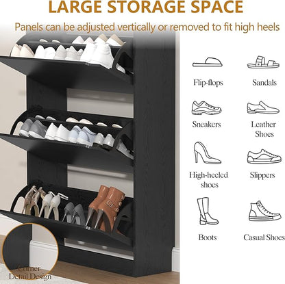 Shoe Cabinet with 3 Flip Drawers, 47" Slim Hidden Wood Shoe Storage Cabinet with Adjustable Shelf, Freestanding Narrow Shoe Rack Organizer for Entryway, Hallway, Black