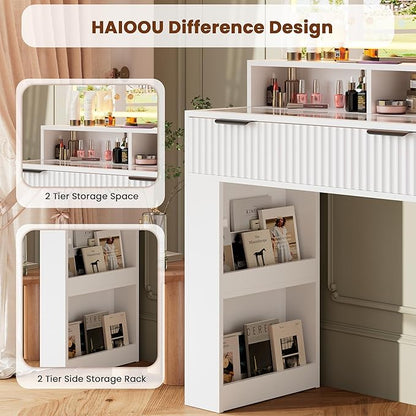 HAIOOU Makeup Vanity Desk with Mirror and Lights, 47.3''x 15.8''x 52'' White Fluted Vanity Desk with Charging Station, Glass Top Vanity Table with 4 Drawers & 3 Open Storage Shelves for Bedroom