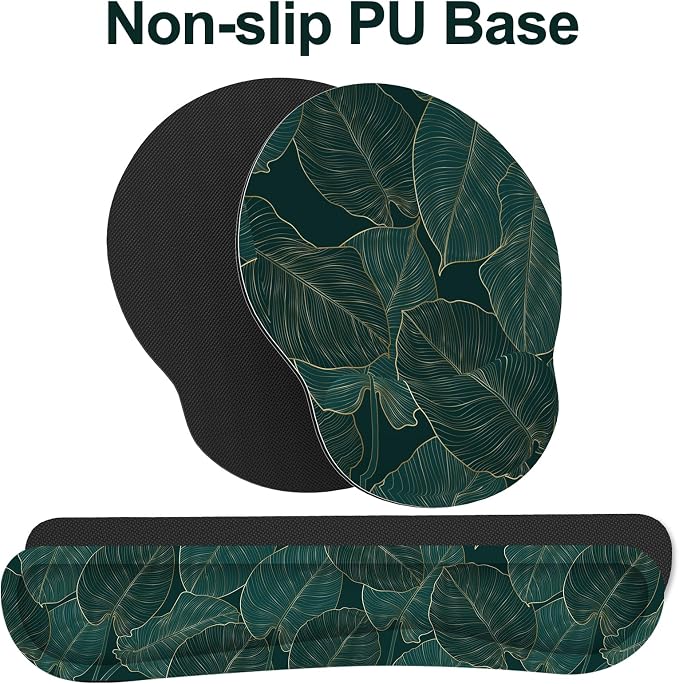 Ergonomic Mouse Pad with Wrist Rest and Keyboard Wrist Rest, Mousepad and Wrist Rest for Computer Keyboard, Pain Relief, Non-Slip Base, Mouse Pad Wrist Support for Gaming, Office, Green Palm Leaf
