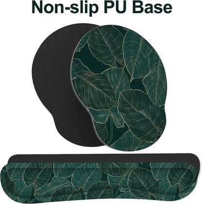 Ergonomic Mouse Pad with Wrist Rest and Keyboard Wrist Rest, Mousepad and Wrist Rest for Computer Keyboard, Pain Relief, Non-Slip Base, Mouse Pad Wrist Support for Gaming, Office, Green Palm Leaf