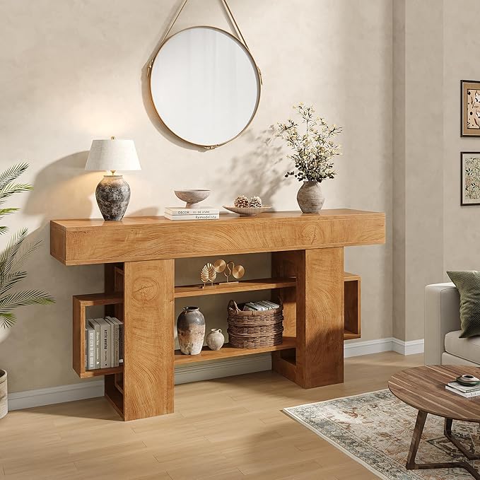 Feonase 63 Inches Long Console Table for Entryway, Wooden Sofa Table Behind Couch with 3-Tier Storage, Farmhouse Narrow Entry Hallway Table for Living Room Foyer Entrance, Natural