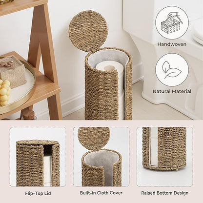 StorageWorks Seagrass Free Standing Toilet Paper Holder Stand for Bathroom, 3 Rolls of Toilet Tissue Storage with a Built-in Cloth Lining, Toilet Roll Holder Stand with Lid