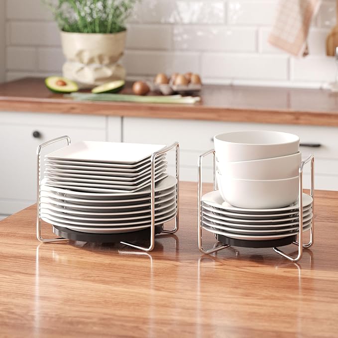 Dish Rack for Kitchen Countertop Organizer - Bamboo Plate Organizer for Cabinet Space Saver, Adjustable Stainless Steel 304 Plate and Bowl Holder with Portable Handle for Drawer Cupboard Shelf RV