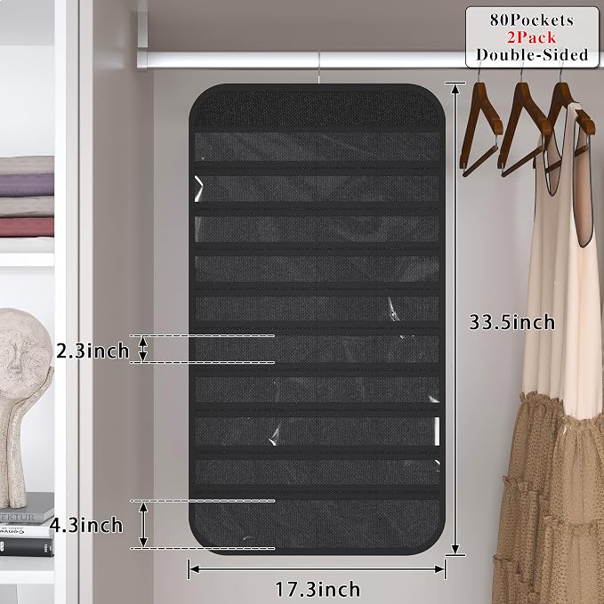 2 Pack Hanging Jewelry Organizer 80-Pocket Dual-sided Jewelry Storage for Earring Necklace Bracelet Ring Travel Holder, Black