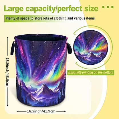 Aurora Mountains Laundry Basket Night Sky Forest Foldable Waterproof Oxford Cloth Funny Tote Bag Laundry Hamper Clothes Storage Bucket Toy Organizer For Bathroom/Laundry Storage/Bedroom 18.9x16.5 Inch