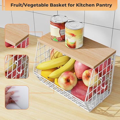 White Fruit Bowl Wire Basket Storage Pantry Fruit and Vegetable Storage Fruit Basket for Kitchen Counter Stackable Wall Mounted Hanging Basket Wire Basket with Wood Lid with Hanger Hooks