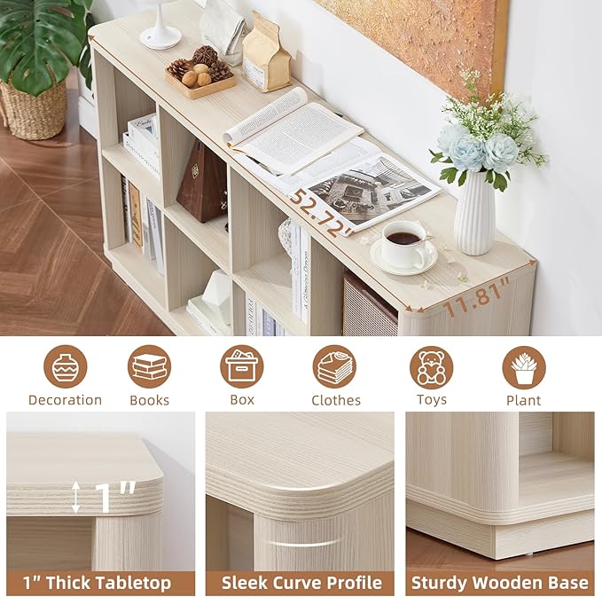 8 Cube Storage Bookcase, 52" Long Horizontal Book Shelf w/Curved Edge, Wood Low 2-Tier Cubby Console Bookshelf with Base, Modern Floor Standing TV Stand for Living Room, Grey-White Cream Oak
