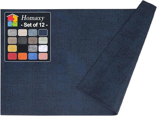 Homaxy Faux Leather Heat Resistant Placemats for Dining Table Set of 12, Waterproof Wipeable Washable PU Table Mats, Easy to Clean Anti-Slip Place Mats, 11.8" x 17", Navy Blue