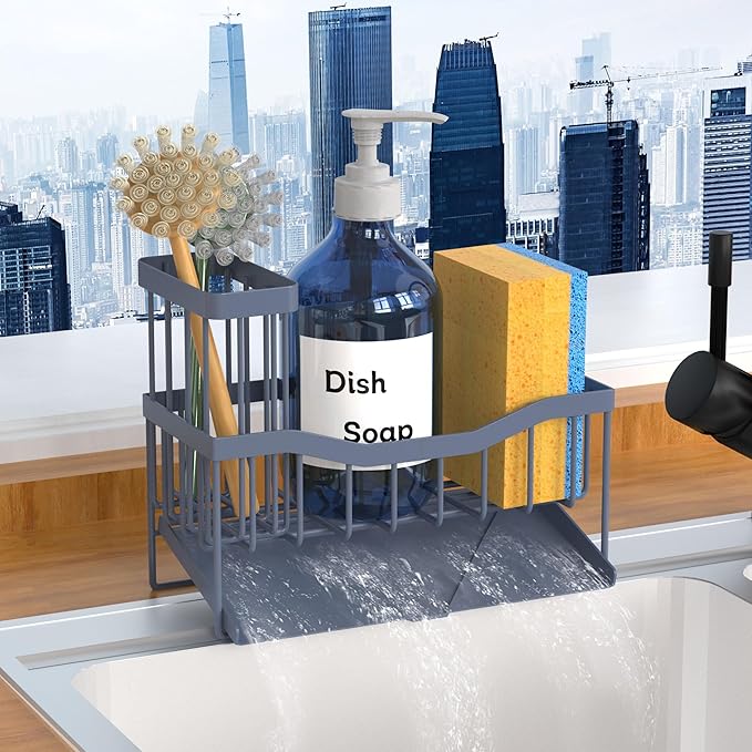 Fssvcd Maifan Sink Caddy Sponge Holder for Kitchen with Brush Holder and Stainless Steel Self Drain Tray, Rustproof Kitchen Sink Organizer for Sponge, Soap Dispenser Storage Accessories Grey Blue