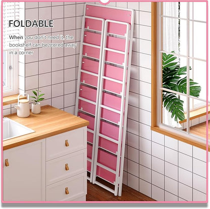 4NM No Assembly 6 Tiers Folding Bookshelf Storage Shelves Vintage Bookcase Standing Racks Study Organizer Home Office (Pink White)