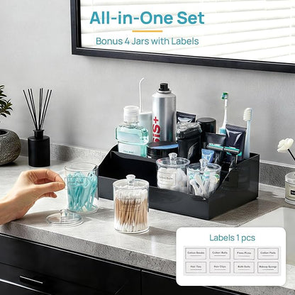 Vtopmart 5 PCS Bathroom Countertop Organizer, 1 Divided Tray with 4 Qtip Holder Jars, Restroom Clear Organizers for Toothbrush, Cotton Pads Balls, Floss, Bathroom Vanity Accessories Storage Set, Black