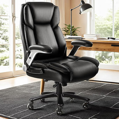VITESSE Large Heavy Duty Office Chair 600lbs with Flip up Armrest, Big and Tall Chair with Ergonomic Lumbar Support, Leather Office Chair for Heavy People with Quiet Rubber Wheel (Black)
