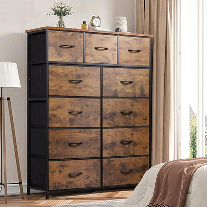 Tall Console Table with 11 Fabric Drawers, Entryway Table with Storage, Tall Storage Organizer with Wood Top, Steel Frame for Living Room, Hallway, Office, Rustic Brown
