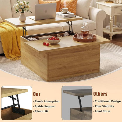 HUAHUU Lift Top Coffee Table, 4 in 1 Square Coffee Table with Storage, 31.5" Coffee Tables with Lifting Top, Center Table with Large Hidden Storage Space for Living Room, Home Office, Natural