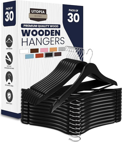 Utopia Home Premium Wooden Hangers 30 Pack - Durable & Slim Coat Hanger - Suit Hanger with 360-Degree Rotatable Hook - Wood Hangers with Shoulder Grooves (Black Color)