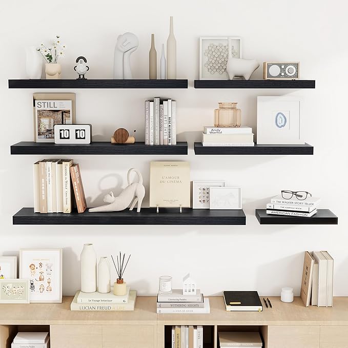 Acovy 55 Inch Floating Shelves, 55"x9.25"x1.5" Inch Deep Floating Shelves for Wall, Wooden Shelves for Bathroom, Bedroom, Living Room, Black,1 Piece