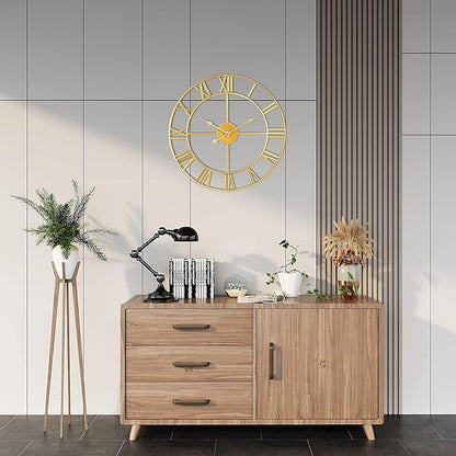 1st owned Large Wall Clock for Living Room Decor Silent Non-Ticking Decorative Wall Clock Roman Numerals Vintage Battery Operated for Kitchen Farmhouse Cafe Office Decor (Gold, 32 Inches)