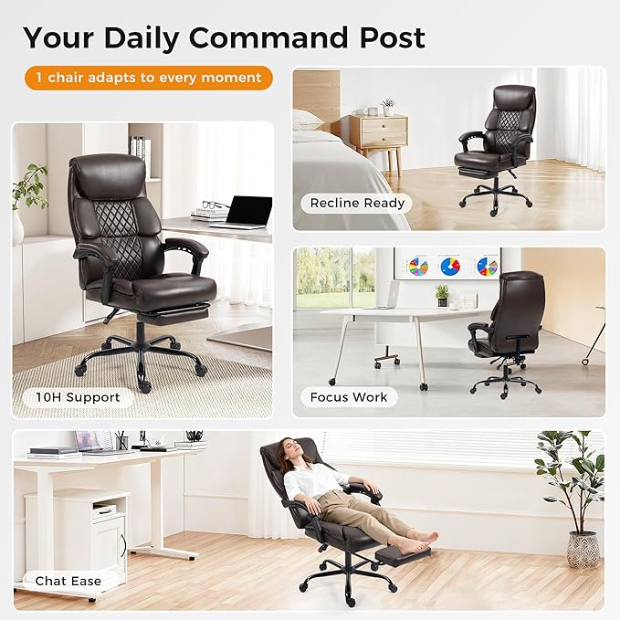 Office Chair, Executive High Back Leather Home Office Desk Chair with Footrest & Lumbar Support - Ergonomic Reclining Comfortable Wide Swivel Rolling Gaming Computer Chair 90-135° Adjustable Tilt Lock