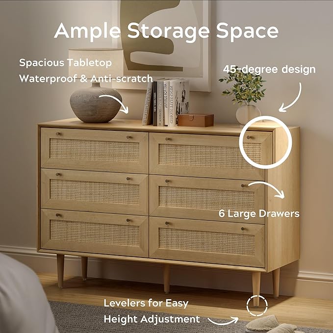 Rattan 6 Drawer Dresser, Modern Closet Dressers of Drawers with Natural Rattan, Boho Dresser Chest, TV Stand of Drawers, Wood Storage Drawer Organizer for Bedroom Living Room Entryway Hallway