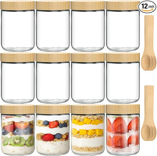 TBWIND 12 Pack 16oz Glass Jars with Bamboo Lids, Spoons, Airtight Overnight Oats Containers, Salad& Yogurt Storage, Mason Jars for Snacks, Spices, Meal Prep – Reusable