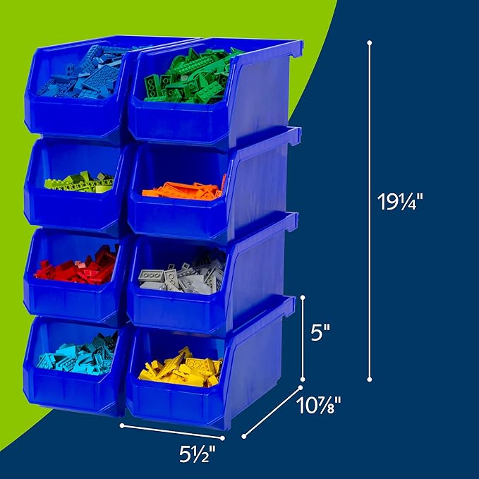 ReadySpace Plastic Containers for Organizing and Storage Bins for Closet, Kitchen, Office, Garage or Pantry Organization, Stackable Bins, Medium (11" x 5" x 5.5"), 8-Pack, Blue