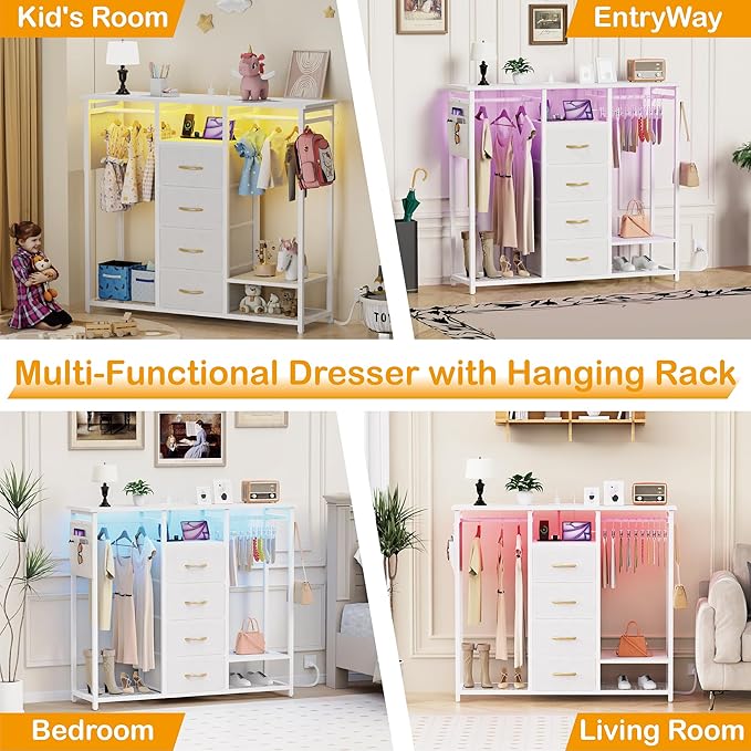 Dresser with Hanging Clothes Rack, 4 Drawers Dresser for Bedroom with LED Lights and Charging Station, Fabric Storage Chest of Drawers for Closet with Clothes Rack Bedroom Kid’s Room, Metal, White