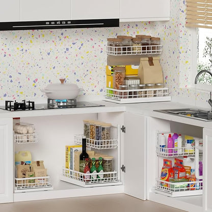 Under Sink Organizer, Adjustable Height Pull-Out Kitchen Storage Organization,15.8" x 11.8" x 16.5", 2-Tier Kitchen Shelf, Bathroom Drawer Organizer, 2 Pack|White