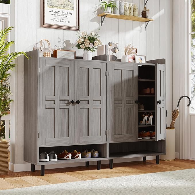 Farmhouse Shoe Cabinet with Doors, 6-Tier Wooden Shoe Organizer with Adjustable Shelves, Entryway Storage Cabinet with Metal Legs, Rustic Shoe Storage for Entryway or Living Room (Grey)