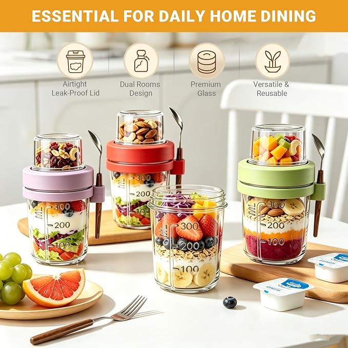 16+4 OZ Glass Mason Jars,Overnight Oats Containers with Lids and Spoon,Removable Independent Compartment,Large Capacity Airtight Jar for Milk,Fruit,Cereal,4 Pack(Purple/Green/White/Red)