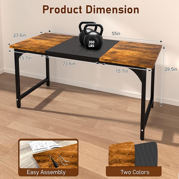 Computer Desk, 55 Inch Large Home Office Desks, Computer Desk for Home Office, Work Desks Table w/Metal Frame and Corner Reinforcement Structure, Large Legroom Spread Out for Writing Study