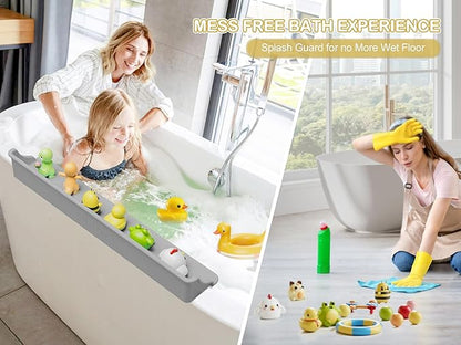Cushore 3-Ft Bathtub Splash Guard PlayPad with Strong Suction Cups, Toy Tray Caddy Holder Storage, No-Leak, Mess-Free Bath Time for Kids, Grey