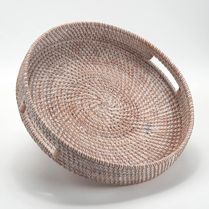 Coffee Table Tray Round Rattan Ottoman Tray Woven Serving Trays with Handles for Home and Kitchen Decorative White (Large 14 inch x 2.4 inch)
