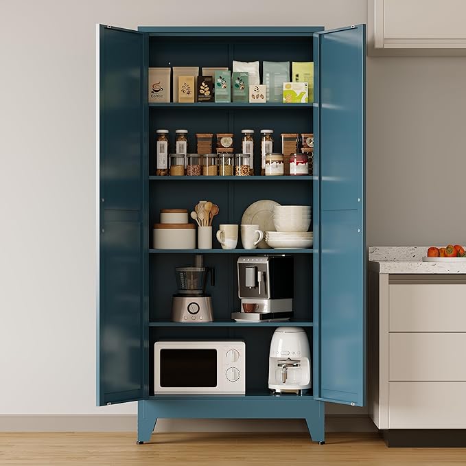 COFaR 71 in Tall Kitchen Pantry Cabinet, Metal Pantry Storage Cabinet with 4 Adjustable Shelves and 2 Barn Doors, Freestanding Farmhouse Food Cupboard for Dining Room, Peacock Blue 5-Tier
