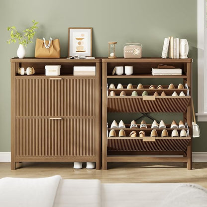 AOGLLATI Shoe Cabinet Storage,Narrow Fluted Shoe Rack Cabinet with 2 Flip Drawers, Wooden Freestanding Organizer with Open Storage Space for Entryway,Wood (Wood)