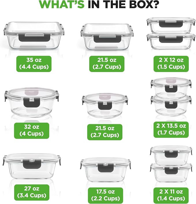 NutriChef 24pcs Glass Food Storage Containers, (12 Stackable Heavy Duty Meal Prep Containers w/ 12 Airtight Lids), Microwave, Freezer, & Dishwasher Safe for Food, Snacks, Fruit & More, (Gray)