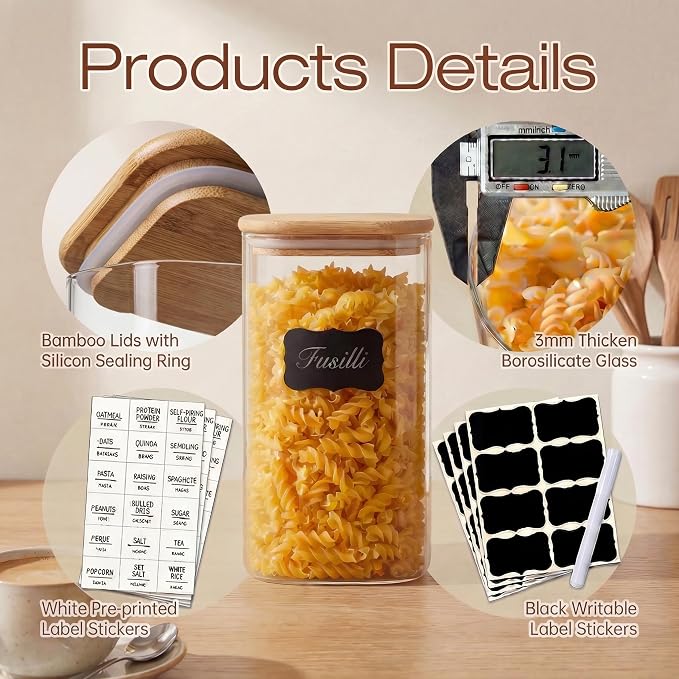 Extra Large Square Glass Flour & Sugar Storage Containers with Airtight Lids, 168oz & 84oz - 2 Pack Glass Jars with Bamboo Lids, Air tight Pantry Food Storage Containers for Cereal, Pasta, Rice