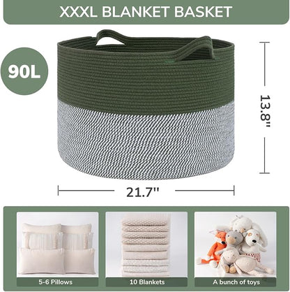 INDRSSME Large Laundry Storage Basket, 21.7 x13. 8 - Decorative Rope Blanket Basket for Organizing Bedroom, Living Room, Nursery, Toy Storage for Colthes Towel, Empty Gift Baskets -Green