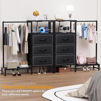 Dresser for Bedroom with Hanging Rack, 3 Drawers Closet with Charging Station, Faric Chest of Drawers with Clothes Rack, Storage Organzier for Hallway Entryway, Black