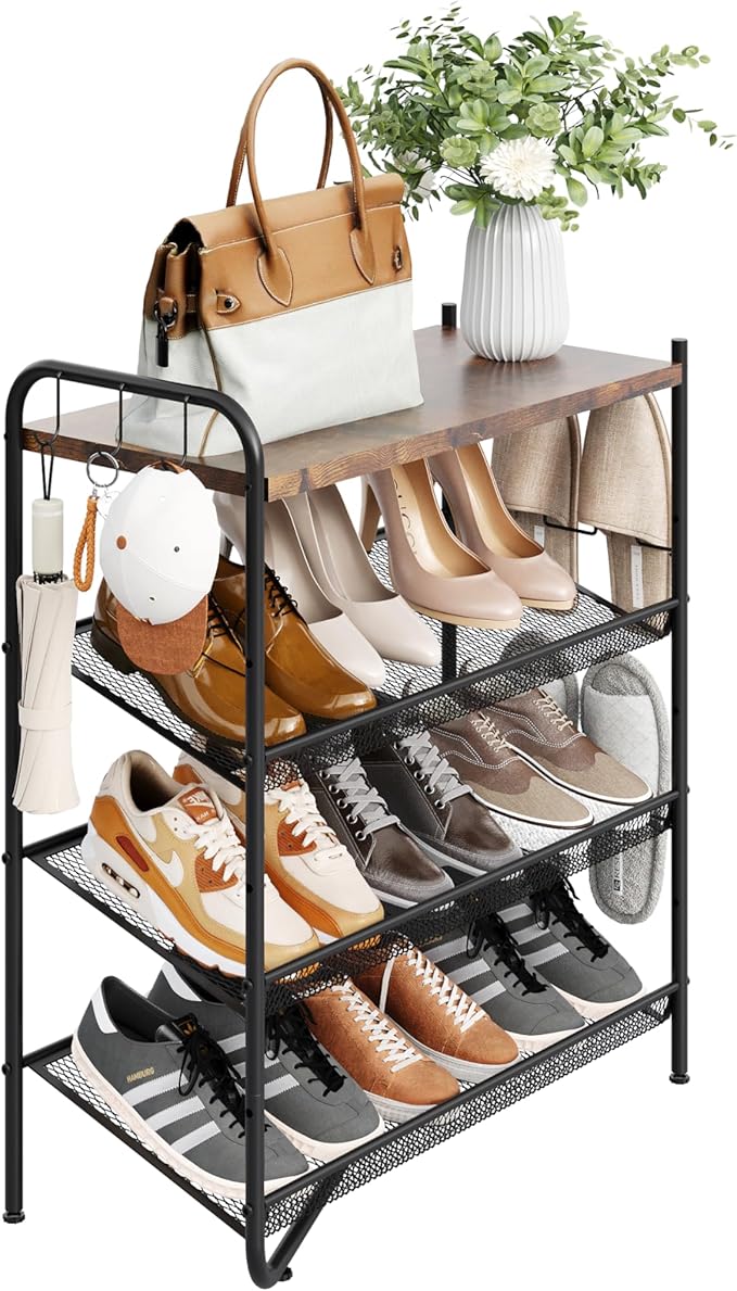 4 Tier Shoe Rack for Entryway, Metal Shoe Rack Organizer Holds 15 Pairs Shoes, Front Door Shoe Storage with Rustic Brown Wooden Top, Vertical shoe rack for Space Saving Shoe Organizer (4-Tiers)